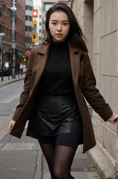 Jessica Henwick, brown coat, tight black skirt, black tights