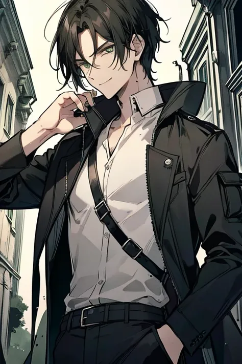 perfect face, perfect hands A gothic handsome black haired man with green eyes in a short sleeve shirt and cargo pants and a loose giant jacket is smiling while leaning forward in  a creepy castle with his dagger in his hand
