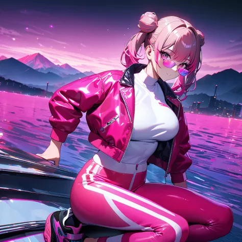 A woman wearing hot pink leather jacket, open jacket, wearing a white shirt with pink string, pink sports pants, sports sneakers, big breasts, hot pink hair, pigtail hair buns, gray bangs, multicolored hair, pink eyes, pink glasses, on a platform synthwave...