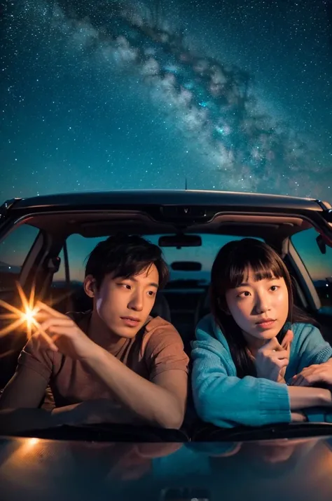 two people lying in a car watching the stars in the sky