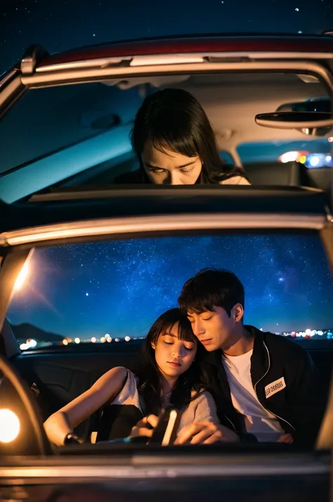 two people lying in a car watching the stars in the sky