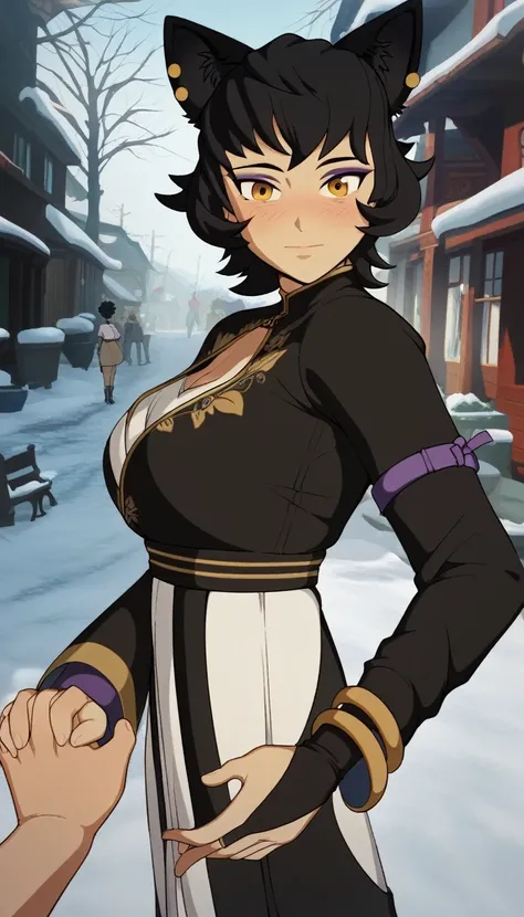 score_9, score_8_up, score_7_up,
mature female,
kali belladonna, large breast,
snowy street,
heavy blush, looking at viewer, hol...