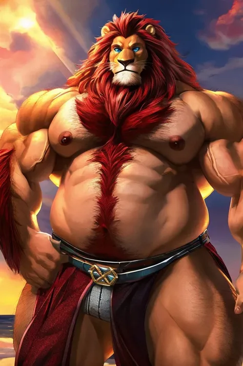 lion daddy fat, hairy chest, bearded, big, muscular, big thighs, handsome, red hair, light brown skin, upright, heroic pose, muscular arms, big muscular chest, detailed light blue eyes, clear skin
