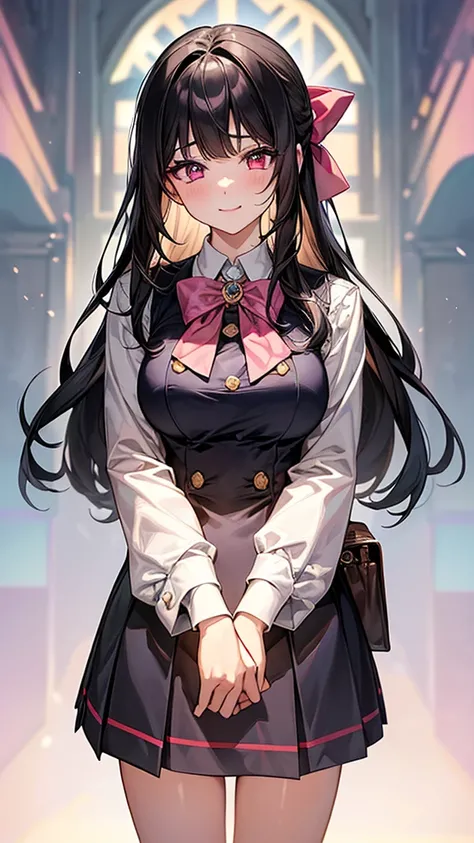 (best quality:1.1), (Masterpiece:1.2), lady, long hair, black hair, Hair bow, ถักเปีย, pink eyes, big breasts:1.2,  beautiful, cute, Bright face, Good mood, high school girl, student uniform set, ((ไอควันออกปาก)), ปากอมชมพู, ยิ้ม, ((หิมะตกโปรยปราย, แสงไฟยา...