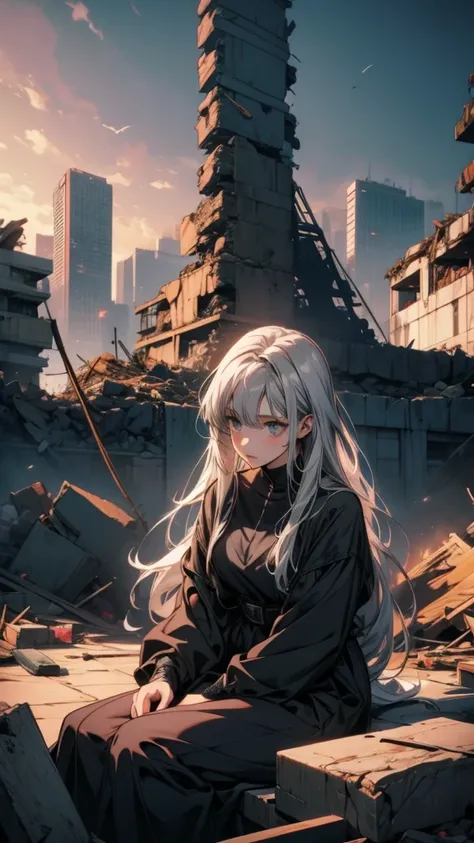 anime, A woman with long grey hair sitting on a pile of rubble, from Girls&#39; Frontline, from Arknights, White Hair Girl, anime style like fate/Stay Night, Fine details. Girls&#39; Frontline, Girls&#39; Frontline style, Girls&#39; Frontline cg, Girls&#39...