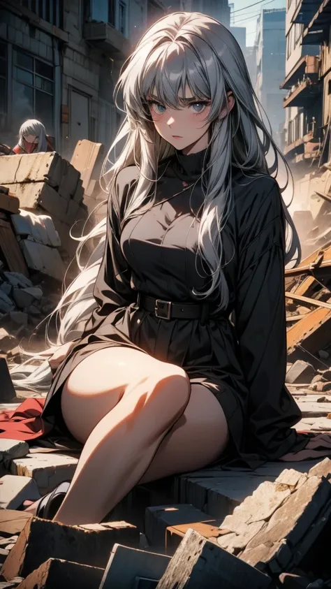 anime, A woman with long grey hair sitting on a pile of rubble, from Girls&#39; Frontline, from Arknights, White Hair Girl, anime style like fate/Stay Night, Fine details. Girls&#39; Frontline, Girls&#39; Frontline style, Girls&#39; Frontline cg, Girls&#39...