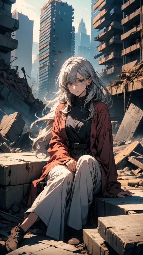 anime, A woman with long grey hair sitting on a pile of rubble, from Girls&#39; Frontline, from Arknights, White Hair Girl, anime style like fate/Stay Night, Fine details. Girls&#39; Frontline, Girls&#39; Frontline style, Girls&#39; Frontline cg, Girls&#39...