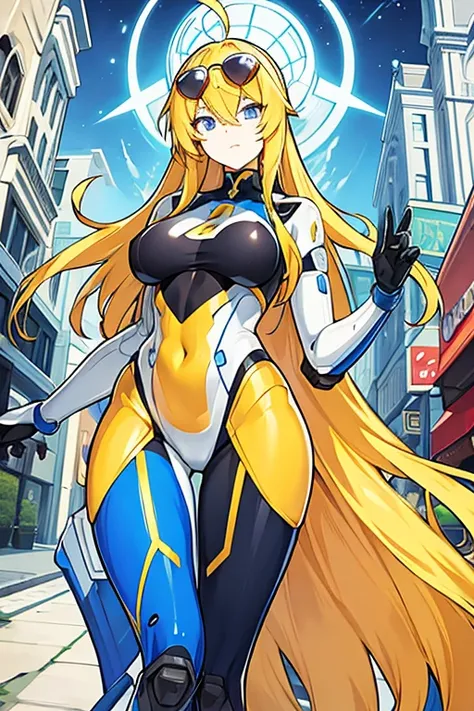 Robot woman, long yellow hair, blue eyes, Sunglasses, in love