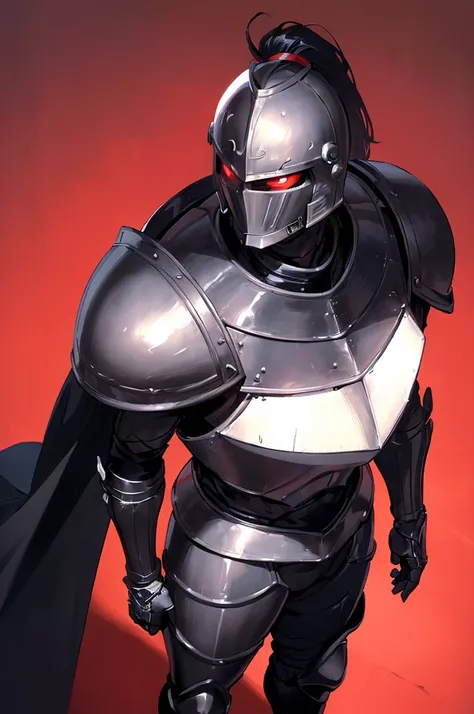 (masterpiece; best quality: 1.2), ((full armored knight man)), ((solo)), (red eyes: 1.4), (body; toned, lean, masculine: 1.3), (beautiful and clear background: 1.2), ((depth of field)), (equipment: full plate all-black dark medieval armor + closed helmet w...