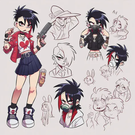 girl similar to gorillaz noodle ,long black hair  ((drawing)), ((anime girl nose)), gas mask with red lenses white shirt with pink buttons, dark blue pleated skirt, punk belt, holding a magnum revolver, tattooed arms and legs, white sneakers, necklace with...