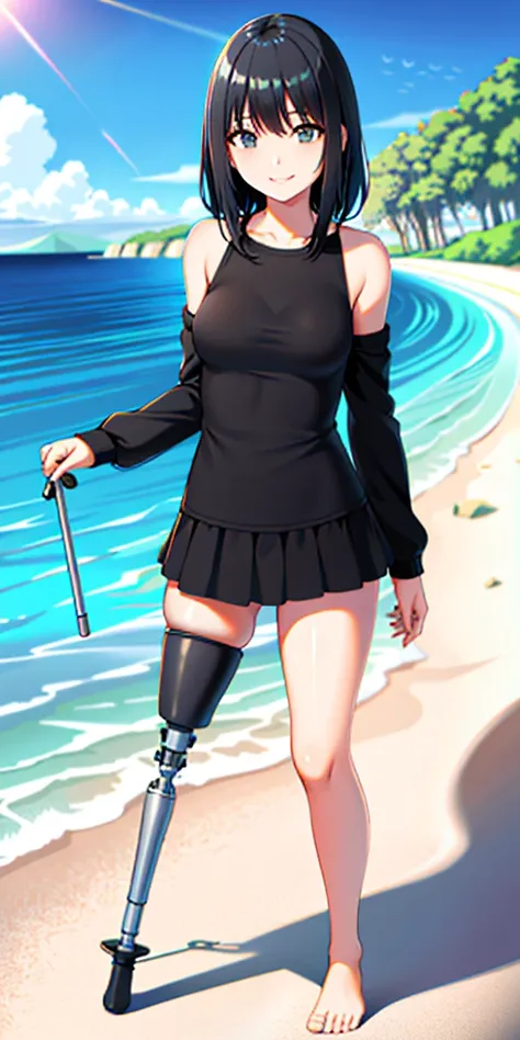 best quality, 1girl, solo, standing, beach, medium hair, black hair, straight hair, looking at viewer, medium breasts,  (prosthetic leg:1.2), full body, smiling, black bikini, two parts swimming suit, black two parts swimming suit. 