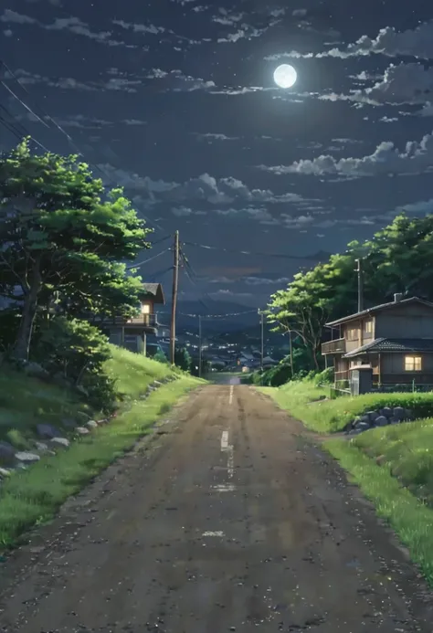 (background),Summer night countryside, Residential area on the hill, Grass, wood々and gravel road, moonlight、8K quality (makoto shinkai)
 style)