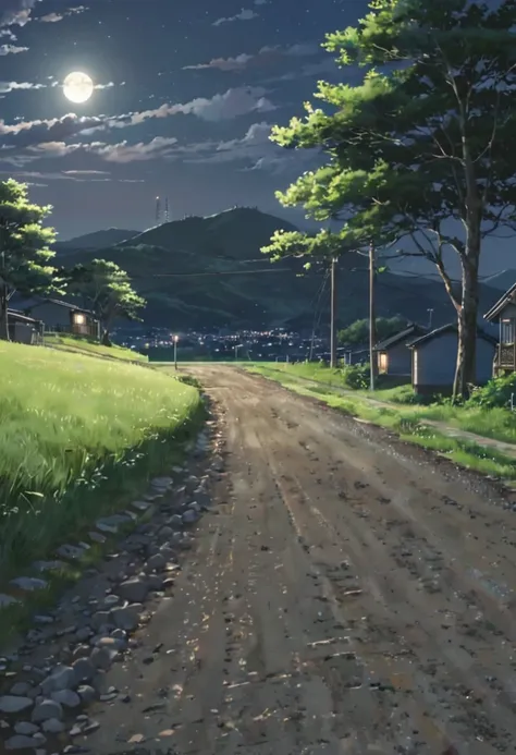 (background),Summer night countryside, Residential area on the hill, Grass, wood々and gravel road, moonlight、8K quality (makoto shinkai)
 style)