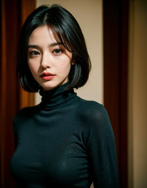 ((Highest quality)), ((masterpiece)), (detailed), One beautiful woman,Black Hair,Embarrassed,Natural Makeup,Big Breasts,Dark green turtleneck、front view,