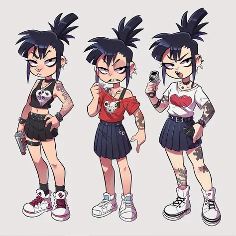 girl similar to gorillaz noodle ,long black hair  ((drawing)), ((anime girl nose)), gas mask with red lenses white shirt with pink buttons, dark blue pleated skirt, punk belt, holding a magnum revolver, tattooed arms and legs, white sneakers, necklace with...