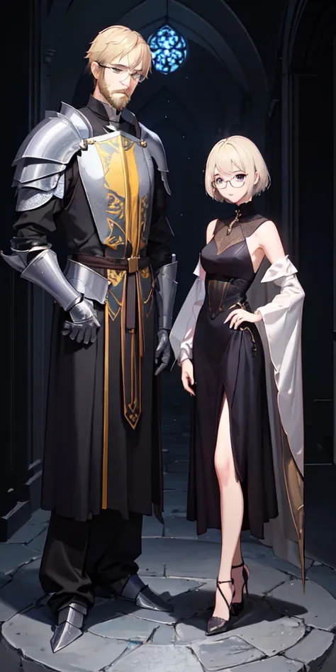 Short blonde haired girl, thin rimmed glasses, witch outfit standing next to a tall man wearing silver knight armor, he has dark hair and a beard, no glasses on him. 