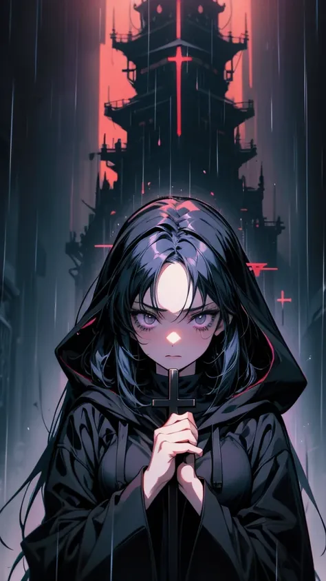 Holding a cross in his hand、Anime girl praying in the rain, Gothic Maiden Anime Girl, Dark Priest, Dark art style, Gap Moe Yandere Grimdark, dark witch, Cloakroom, Black Robe, Nightcore, Cyberpunk anime girl in a hoodie, Gwaiz, artwork in the style of Gwai...