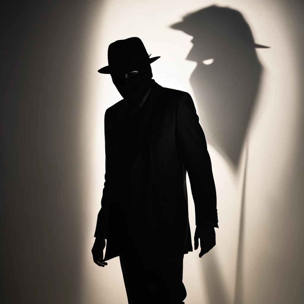 a silhouette of a mysterious man is masked amidst the shadows