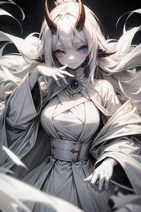 hairs, Whites, white pupil, big hair, clothes with dead tones, a half torn glove ( white color ), very white skin, She has TWO black horns, e parece uma Hollow de Bleach, ( zoom in on the emperor), white outfit, biting your own hand, 15y, evil smile.