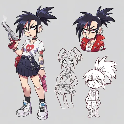 girl similar to gorillaz noodle ,long black hair  ((drawing)), ((anime girl nose)), gas mask with red lenses white shirt with pink buttons, dark blue pleated skirt, punk belt, holding a magnum revolver, tattooed arms and legs, white sneakers, necklace with...