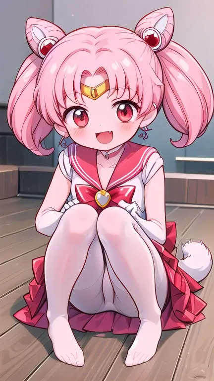 high quality，Sailor Moon，young年，Seven years old，cute，Metal hairpins，（little girl），（Little Loli），Pink Hair，short hair，（Red hairpin），（Double tail），Sailor Suit，Red bow，White elbow gloves，Red Skirt，(White pantyhose:1.5)，(young)，(Small)，（Short legs）（No shoes），S...