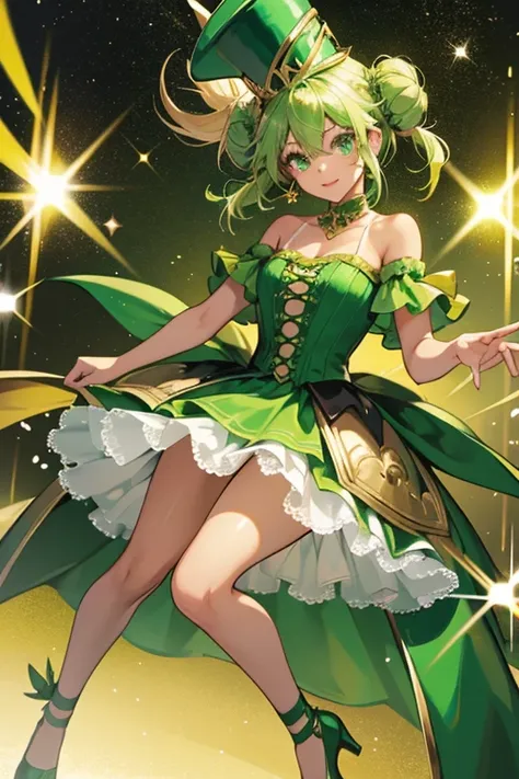 Emerald has green eyes, tan skin, and green hair in two buns. Her dress and shoes are green and gold, and her party hat is gold and black. SPARKLE; GLITTER