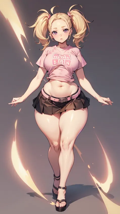 blank background, (((full body))), (masterpiece), ((best quality)), flat chest, (forehead), short twintail, (wide hips:1.6), (thick thighs:1.4), (very short skirt), sandals, belt below navel, blonde, (pink tshirt)