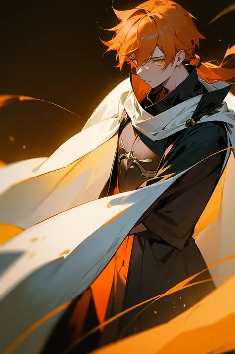 1male, Teen, Perfect Generation, Masterpiece Quality, Orange Hair, Short Ponytail, Yellow Eyes, Dark Background, White cloak