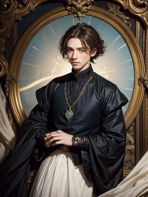 Portrait of Christopher Marlowe, white skin, piercing blue eyes, silky golden-brown hair, refined features, charp jawline, clean shaved, black Elizabethan velvet jerkin, white laced shirt, Mucha style, Mucha background, realism, high quality