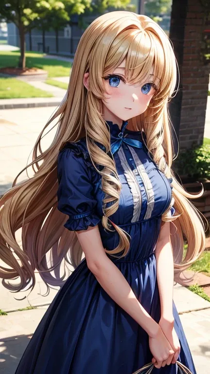 Teen anime girl long curly blonde hair blue eyes wearing dress 