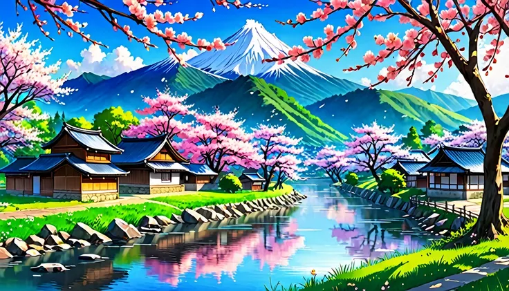 Draw a river with a small village, anime beautiful peace scene, very beautiful landscape, landscape artwork, landscape art detail, very beautiful digital art, beauty of natural landscape, beautiful art UHD 4 K, very beautiful photos, beautiful nature, land...