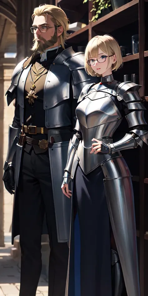 Short blonde haired witch girl with thin rimmed glasses standing next to a man wearing silver knight armor. He has dark hair and a beard. 