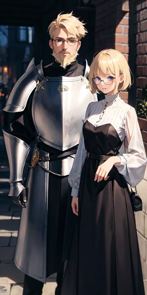 Short blonde haired witch girl with thin rimmed glasses standing next to a man wearing silver knight armor. He has dark hair and a beard. 