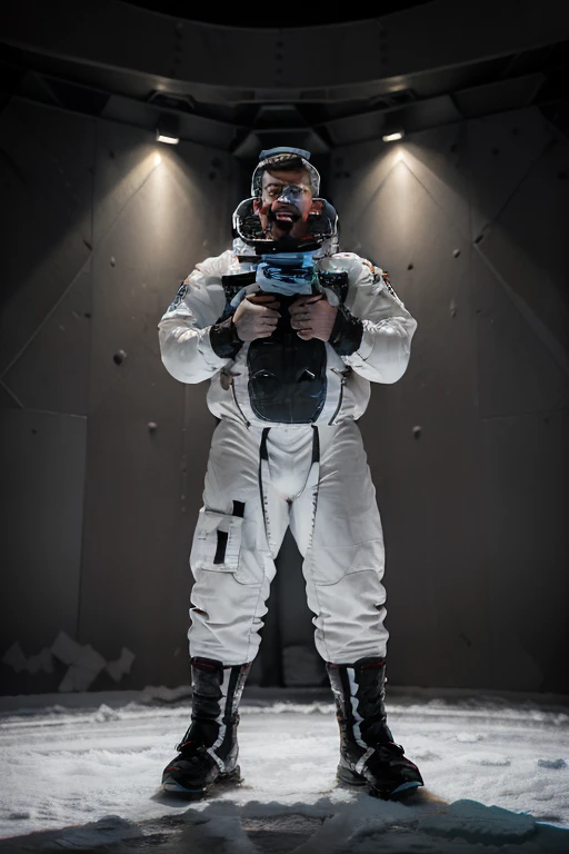 1man está abaixado com o joelho direito no floor, and his left hand on His chest trying to control a bleeding, , Daytime lighting in a frozen environment, floor com neve, astronaut wearing space suit , full body photography full body image. Environment ove...