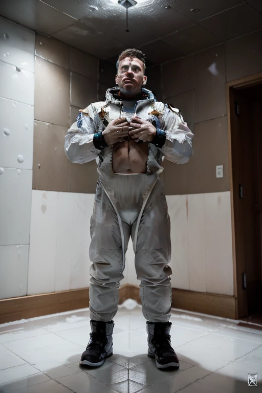 1man está abaixado com o joelho direito no floor, and his left hand on His chest trying to control a bleeding, , Daytime lighting in a frozen environment, floor com neve, astronaut wearing space suit , full body photography full body image. Environment ove...