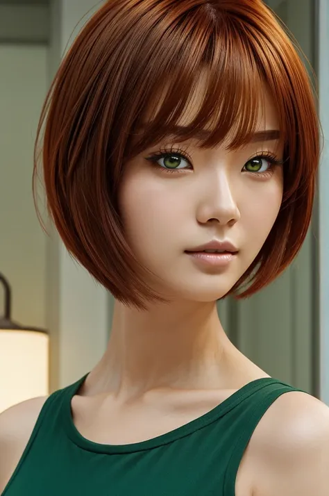 Woman with Asian features short hair above the shoulders,copper hair color with brown hair roots and light green eyes with manhwa style