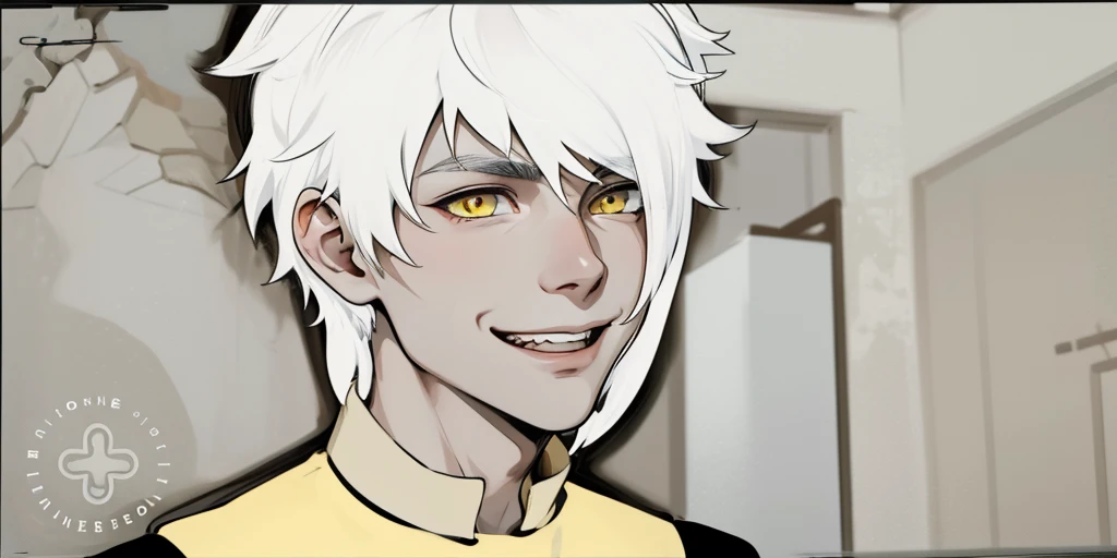 He smiles mischievously with some malice, his mouth is open, he is talking to someone, white hair, yellow eyes, he is 18 years old.