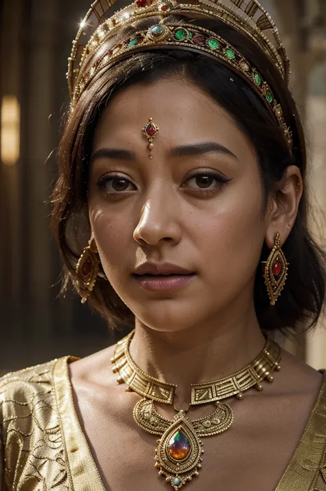 A beautifully detailed portrait of Ruth Negga as the character The Rani from Doctor Who, wearing an ornate and regal empress-style outfit, highly realistic, photorealistic, extremely detailed facial features, intricate jewelry and headpiece, lush and vibra...