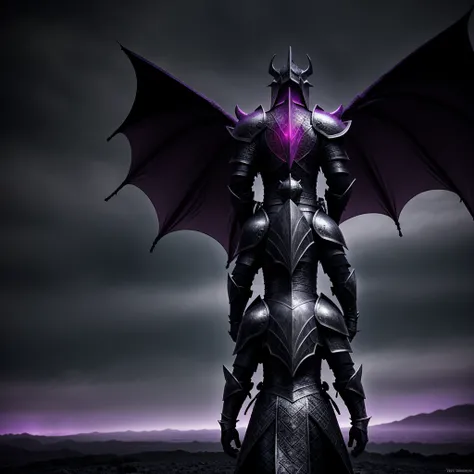 knight in diamond armor, seen from behind, in front of a dragon with black scales, radiant purple eyes, in the middle of a dark and desolate landscape, with violet fog, as if it were a dark fantasy movie from the 1970s