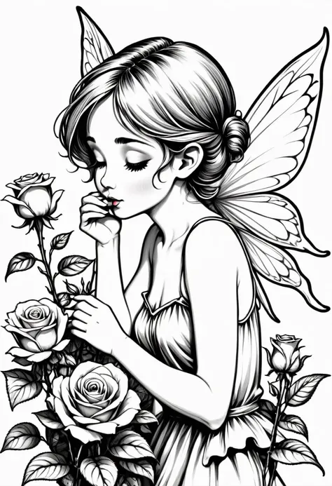 line drawing of a little fairy smelling roses, the fairy must be tiny, on white background, monochrome, black andwhite, no shado...