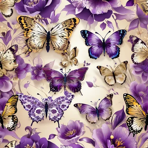 Seamless pattern with Butterfly and flowers on a white background, Very detailed pattern, Repeating pattern, 蒸汽朋克Butterfly, white and purple, Intricate background, pattern art, Repeating pattern. Seamless, flowers and Butterfly, Gorgeous pattern, Seamless ...