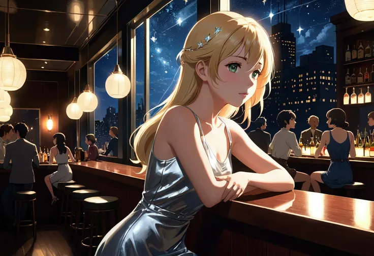 Uses Makoto Shinkai&#39;The depiction is perfect,Portrait of Halie Lorene,8k 4k masterpiece photo ,new york,Glass ceiling jazz bar,I can see the twinkling stars through the glass window.,that&#39;Outside in the dark night,Jazz is playing,Profile close-up,B...