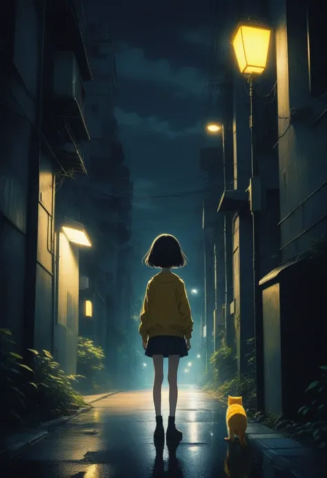 score_9, score_8_up, score_7_up, score_6_up, score_5_up, score_4_up, source_anime, 2.5D, slightly creepy cute girl, pixie cut, yellow cat-like eyes, looking out from the shadows of a streetlight in a dark residential area, retro atmosphere like that of Osa...