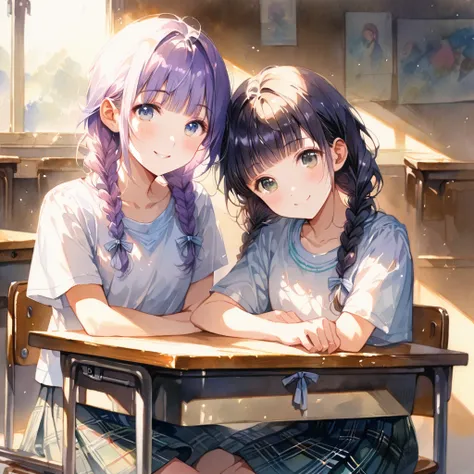 masterpiece, ultra detailed, 8K, full body shot,, a girl, kawaii, light atmosphere, (Cute two girls:1.5), (one girl with pale purple hair, wavy two braids, blunt bangs hair, green and black eyes :1.4),(othe girl silver ponytail hair, blue eye:1.4),( two ar...