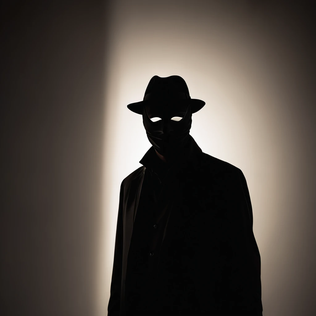 a silhouette of a mysterious man is masked amidst the shadows