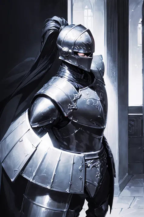 (masterpiece; best quality: 1.2), ((full armored knight man)), ((solo)), (black eyes: 1.4), (body; toned, lean, masculine: 1.3), (beautiful and clear background: 1.2), ((depth of field)), (equipment: full plate all-black dark medieval armor + closed helmet...