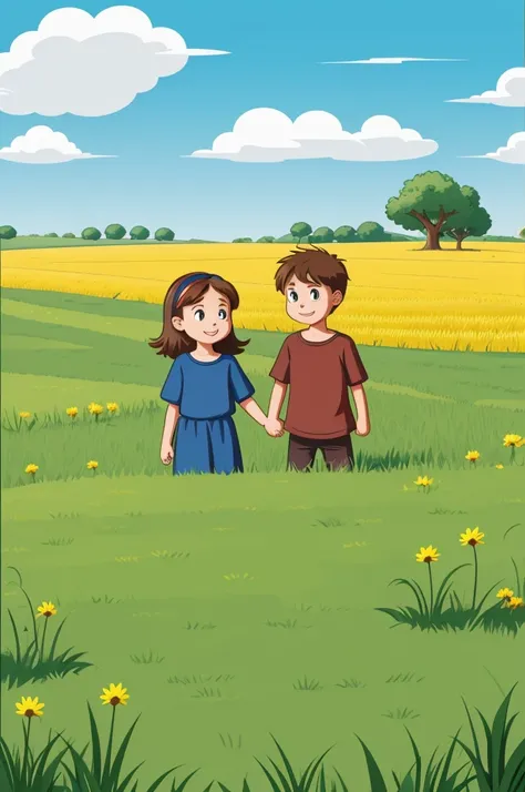 Make Two children in a field, that are in the cartoon comic style, that are not real people, all in cartoon style, now that the two children are talking to a man