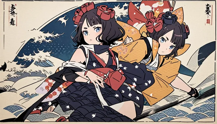 (((Top Quality))), (((Katsushika Hokusai))), (((Suiboku-ga))), (((Japanese Ninja))), (((Japanese Pattern Ninja Outfit))), (((Beautiful Girl))), Black Hair, Delicate and precise, Modern Ukiyo-e style, Sakura, Full Body