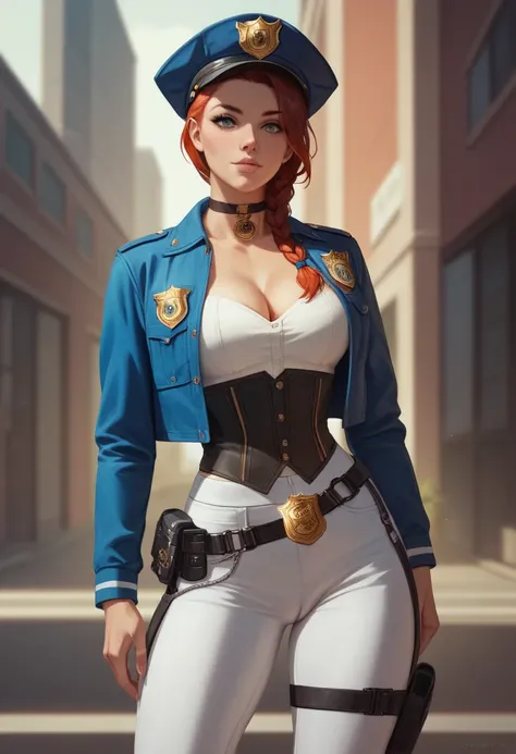 NSFW,One girl, Portrait of a beautiful donkey pex, Athletic ability, Blue jacket, White corset, skirt, White trousers, Police Medal,Holster on waist,Black Hair, Redhead, Braid, compensate, choker, Cleavage, Wide Hips, Volumetric lighting, Highest quality, ...