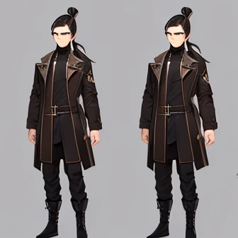 (detailed), (normal guy), (arab features), ((brown sheepskin jacket)), ((pelo con rulos negro ponytail hairstyle)), (calm face), ((ponytail hairstyle)), ((tall black boots)), (((whole body)))